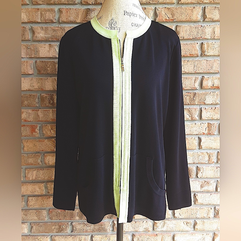 Misook Black With Light Green Trim Front Zip Knit Jacket.